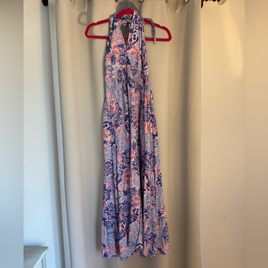 Floral Halter Maxi Dress In Blue And Pink (Bin 11)